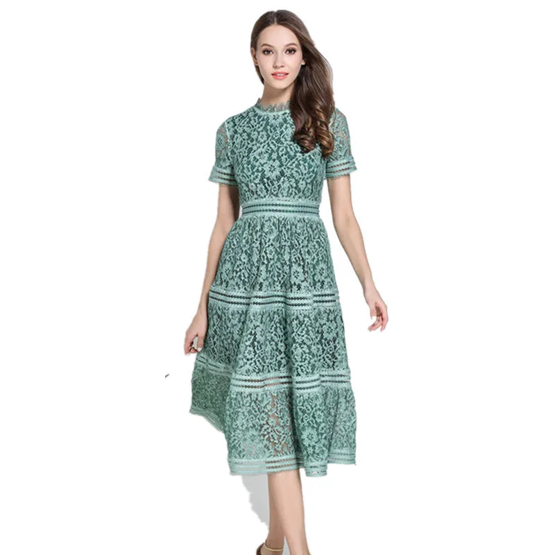 High Quality Woman Dress 2022 Elegant and Slim Dress Short Sleeved round Neckline Long Lace Dress