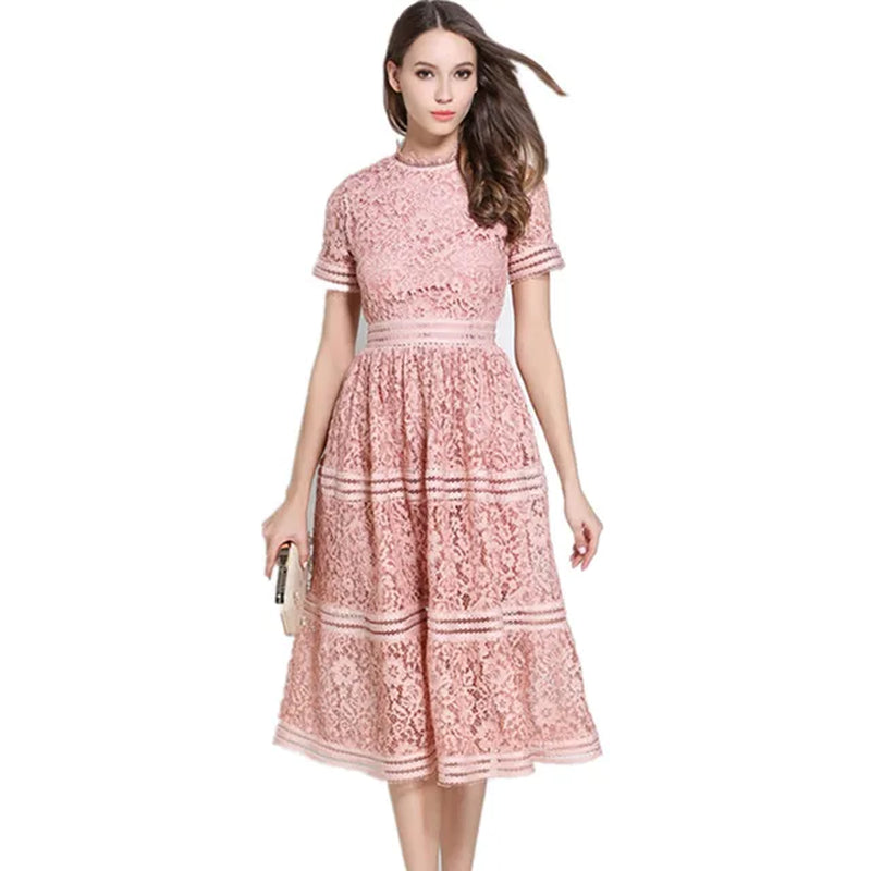 High Quality Woman Dress 2022 Elegant and Slim Dress Short Sleeved round Neckline Long Lace Dress