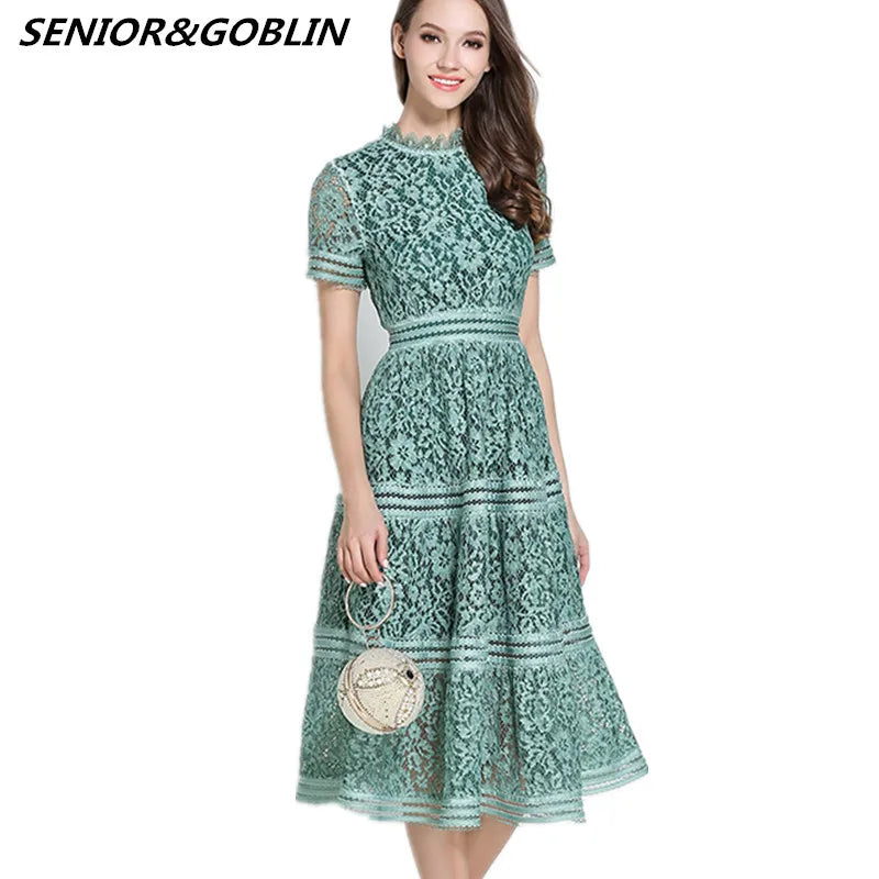 High Quality Woman Dress 2022 Elegant and Slim Dress Short Sleeved round Neckline Long Lace Dress